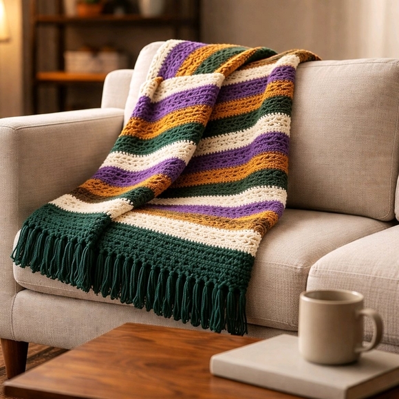 afghan Other - Vintage 70s Striped Crocheted Afghan Blanket with Fringe 61" x 42" Purple Green